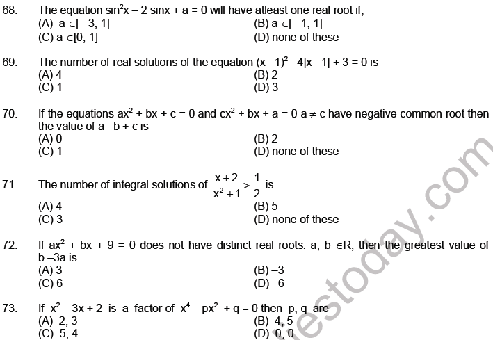 JEE Mathematics Theory Of Equations MCQs Set A, Multiple Choice Questions